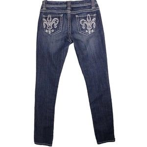 Vigoss Jeans 26 Skinny Chelsea Low Rise Fleur De Lis Denim Blue